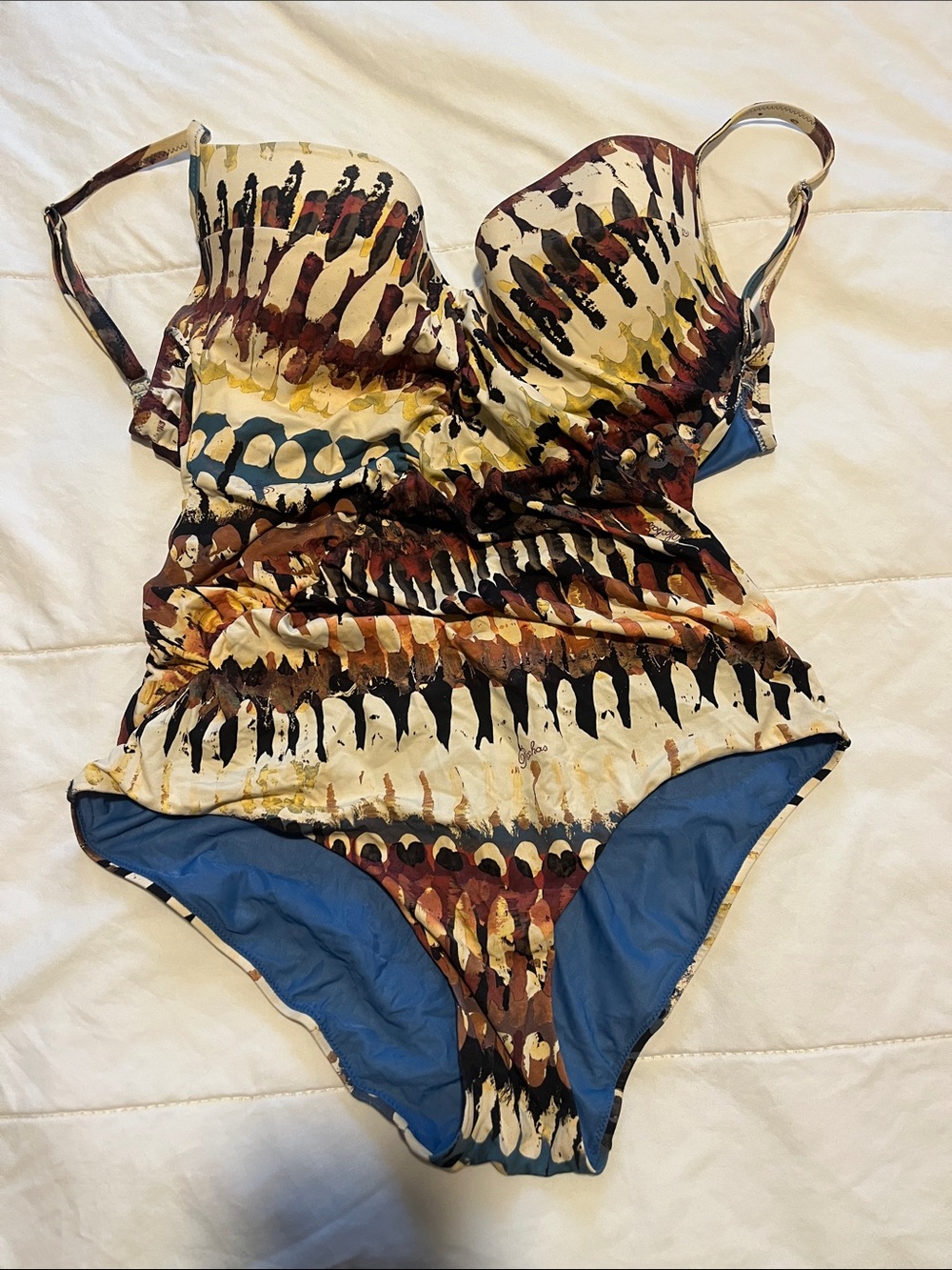 Rochas One-Piece Swimsuit in Cream, Blue & Brown Abstract Ikat-style Print 36C
